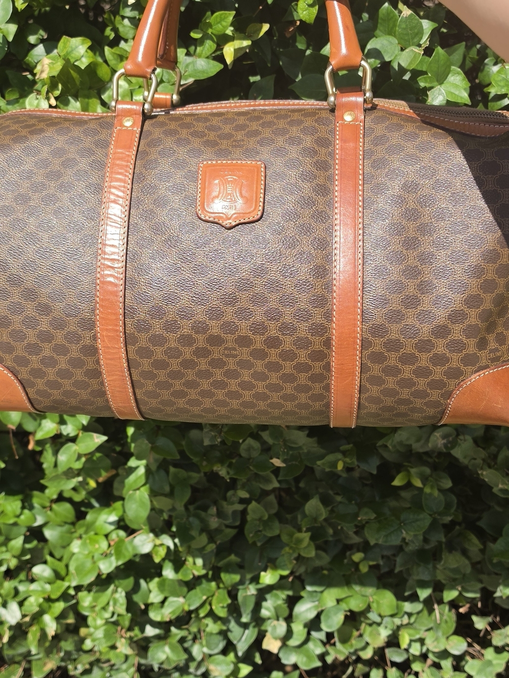 CELINE Macadam Canvas Boston Bag PVC Leather Brown Gold Authentic.